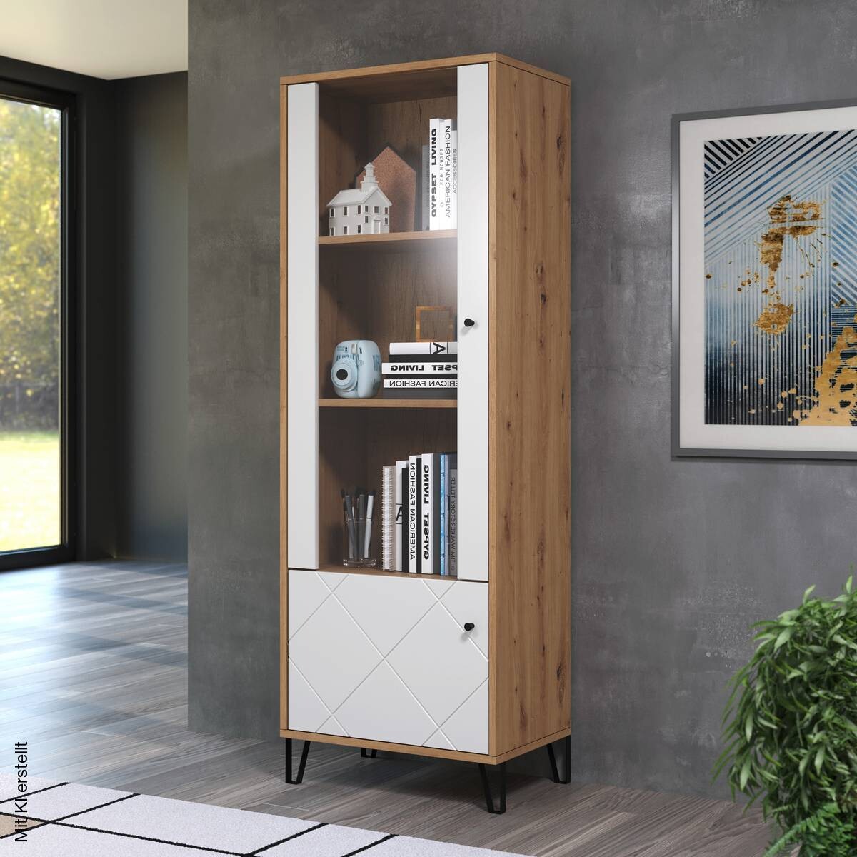 Vitrine Touch weiß matt Eiche Artisan Nachbildung B/H/T: ca. 63x172x40 cm