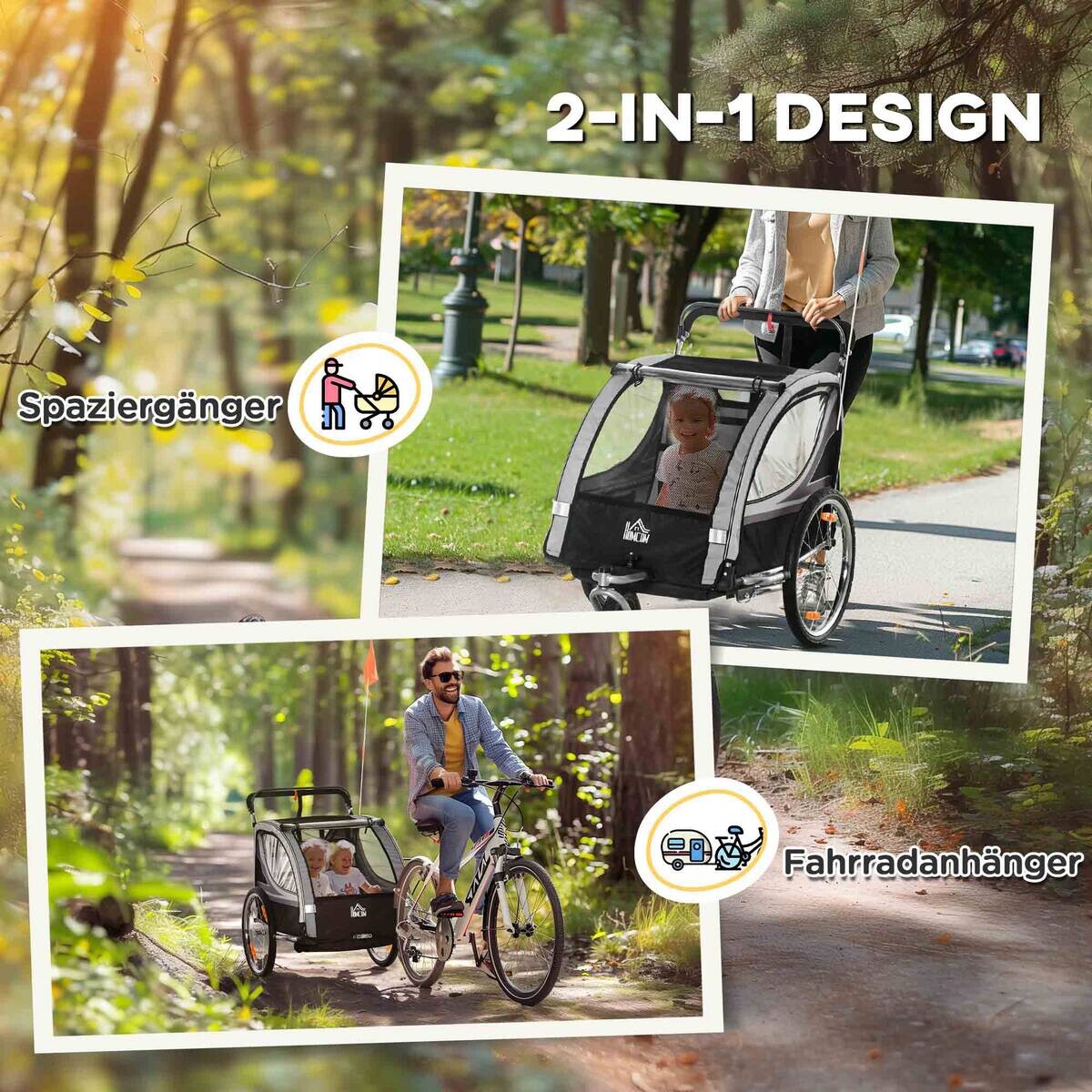 HOMCOM Kinderfahrradanhänger schwarz schwarz B/H/L: ca. 75x101x142 cm