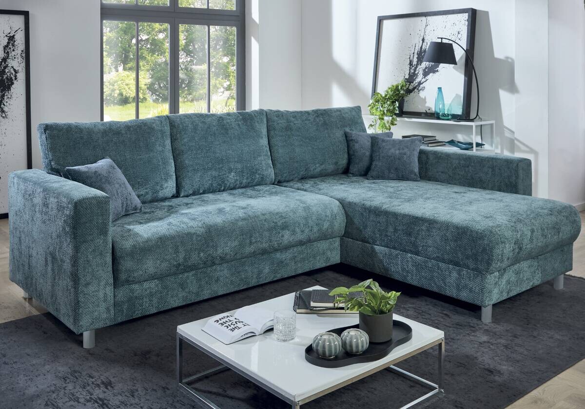 Ecksofa mit Bettfunktion und Bettkasten dunkelblau Microfaser B/H/T: ca. 252x89x195 cm