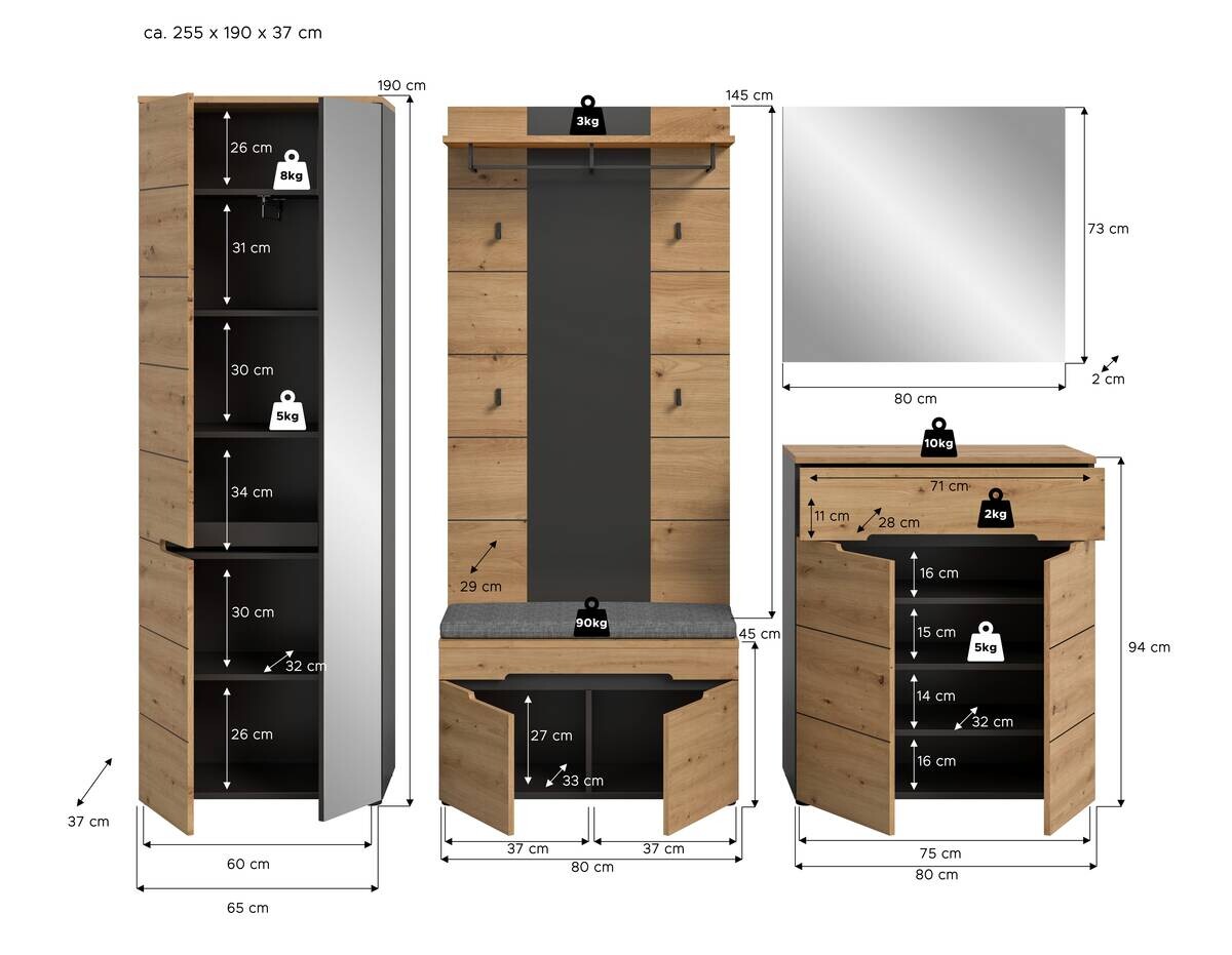 Garderobe Canu basaltgrau Nachbildung Artisan Nachbildung B/H/T: ca. 255x190x37 cm