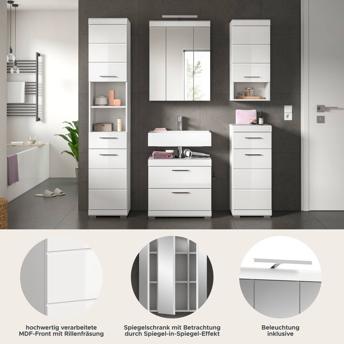 Badezimmer-Set Scout weiß weiß Hochglanz B/H/T: ca. 164x191x37 cm