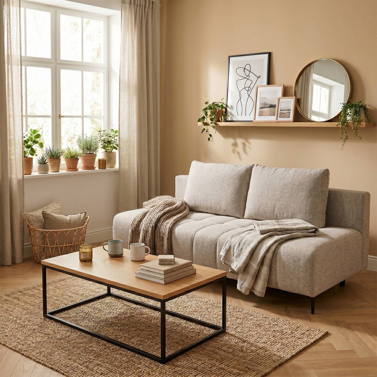 Schlafsofa hellbraun Webstoff B/H/T: ca. 195x88x95 cm