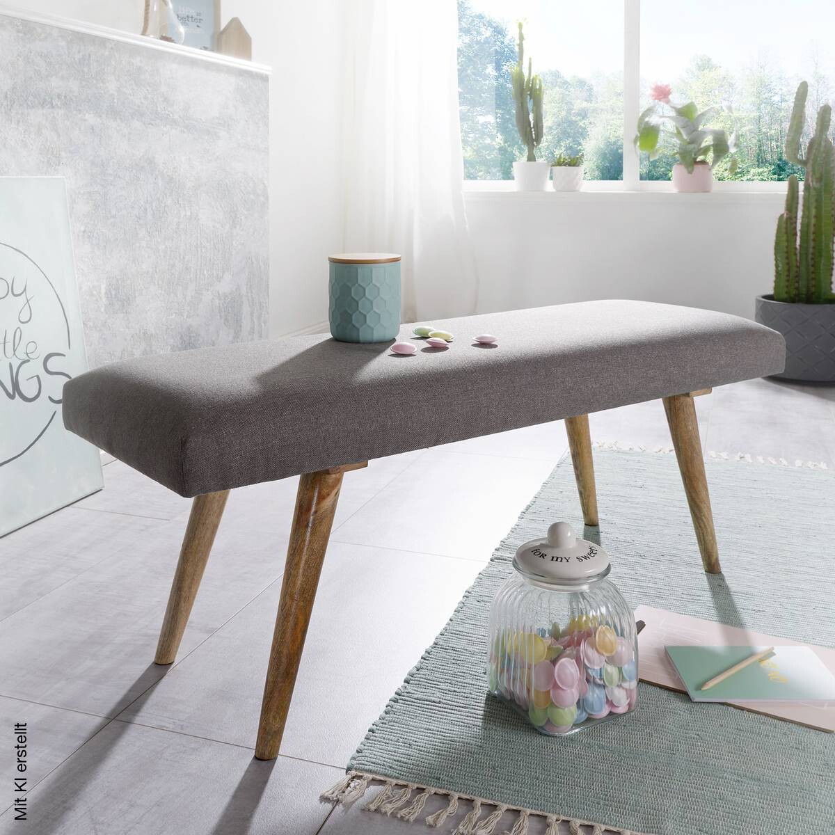 Wohnling Sitzbank grau natur Stoff Echtholz B/H/T: ca. 117x51x38 cm