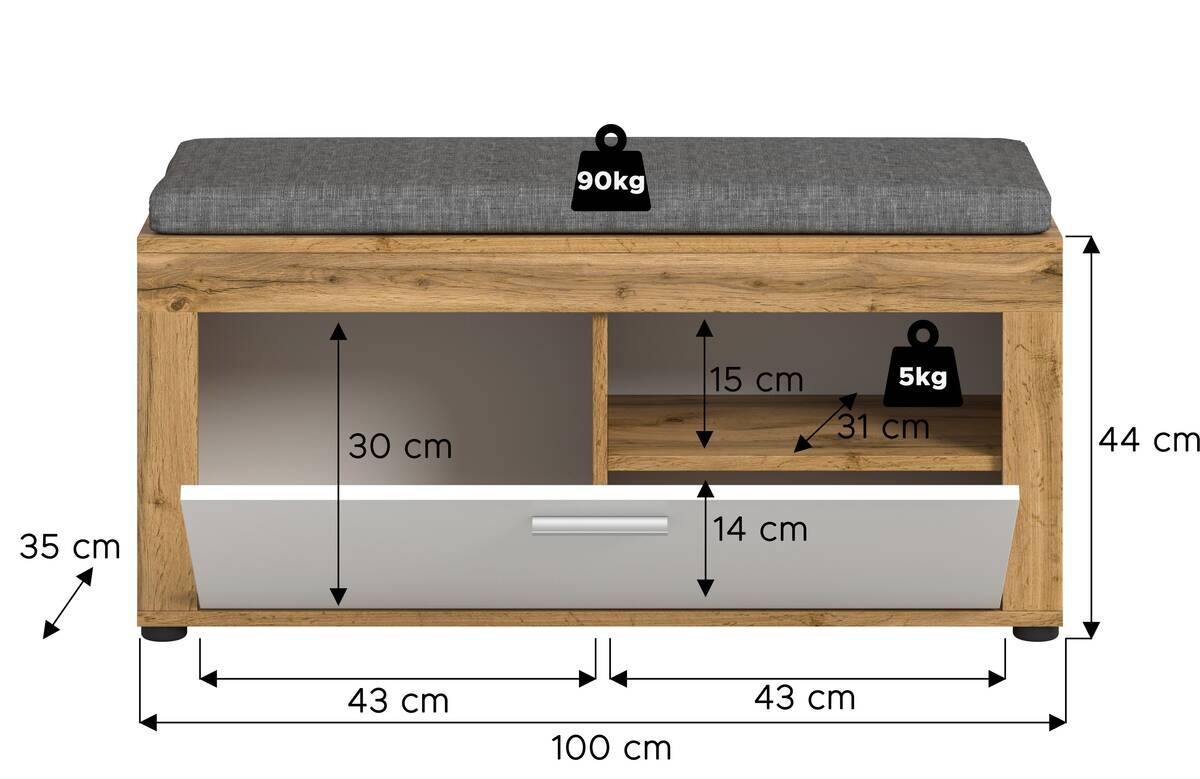 Sitzbank JAM Eiche Wotan Nachbildung weiß B/H/T: ca. 100x44x35 cm