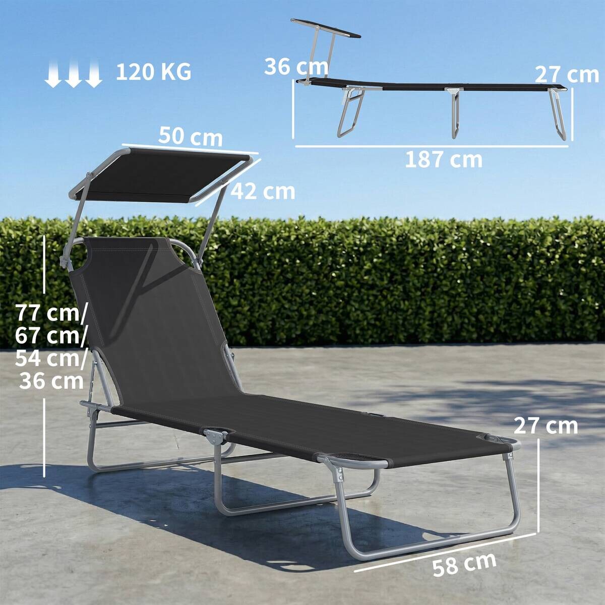 Outsunny Gartenliege schwarz Metall B/H/L: ca. 58x27x187 cm