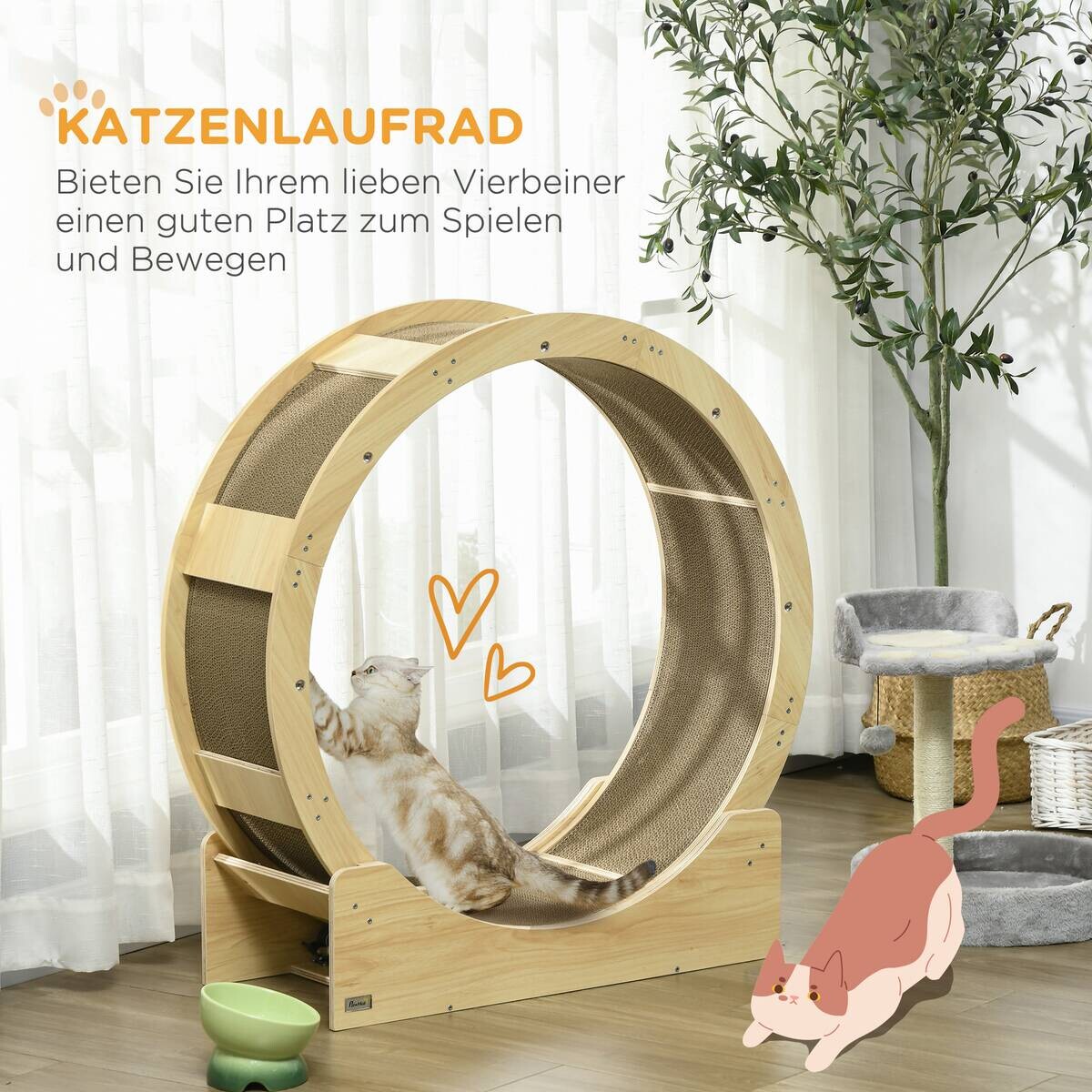 PawHut Katzenlaufrad Eiche Papier B/H/L: ca. 33,5x94x91 cm