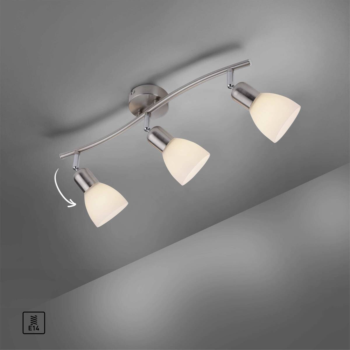 Just Light Spotbalken PN11953-55 Karo stahlfarbig weiß Aluminium Kunststoff Glas B/H/L: ca. 22x21x68 cm E14 3 Brennstellen