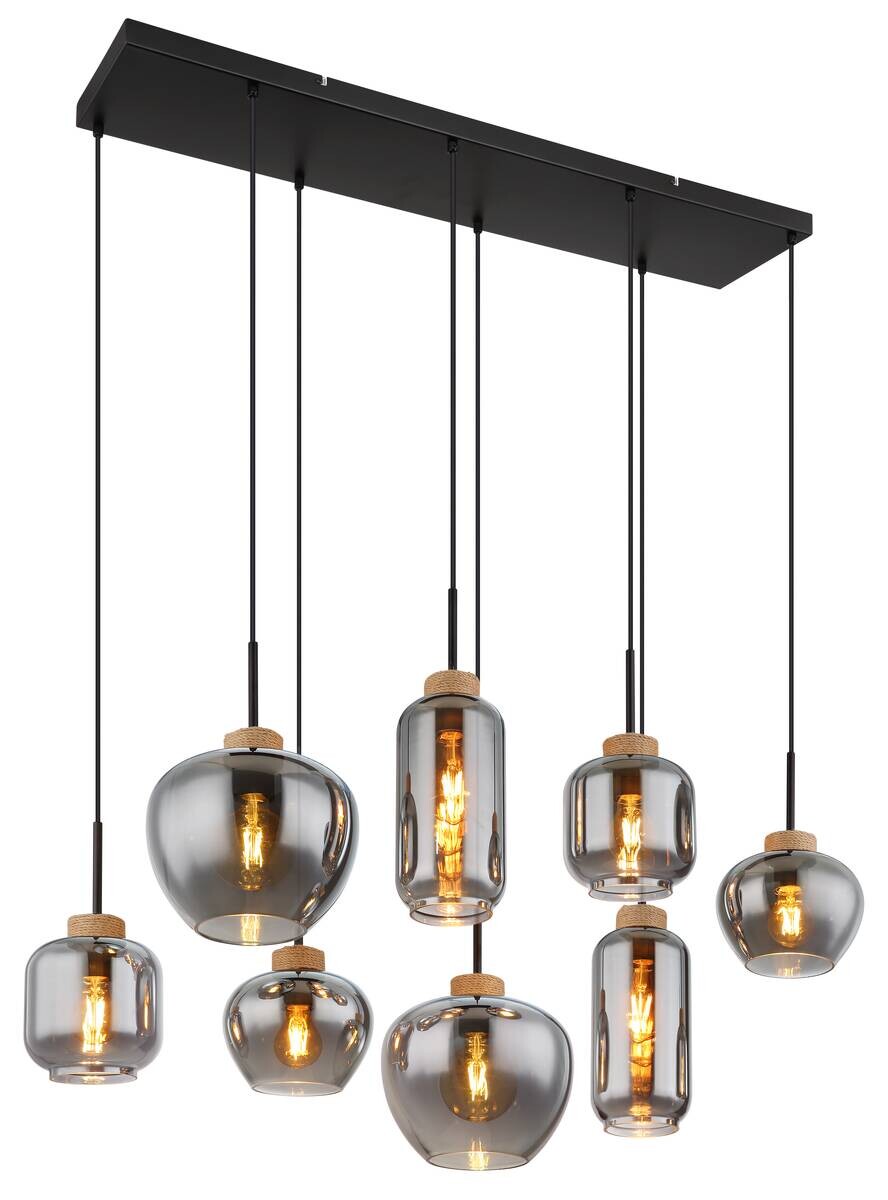 GLOBO Pendelleuchte schwarz natur Metall Hanfseil B/H/T: ca. 40x120x105 cm E27 8 Brennstellen