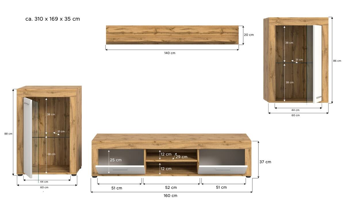 Wohnwand Jam Eiche Wotan Nachbildung weiß B/H/T: ca. 310x169x35 cm
