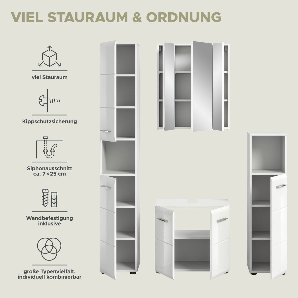 Badezimmer-Set Ice weiß weiß Hochglanz B/H/T: ca. 150x185x30 cm