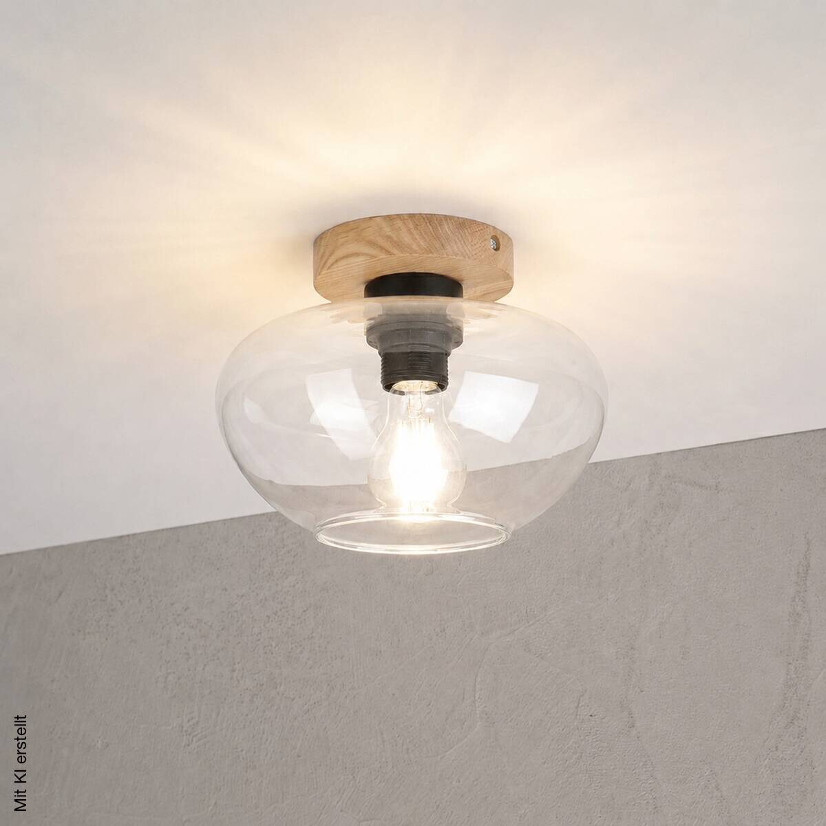 Lamkur Deckenleuchte Chrom Eiche Eiche Glas B/H/L: ca. 22x17x22 cm E27 1 Brennstellen
