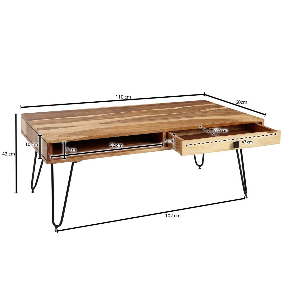 Wohnling Couchtisch natur schwarz Akazie Metall B/H/T: ca. 110x40x60 cm