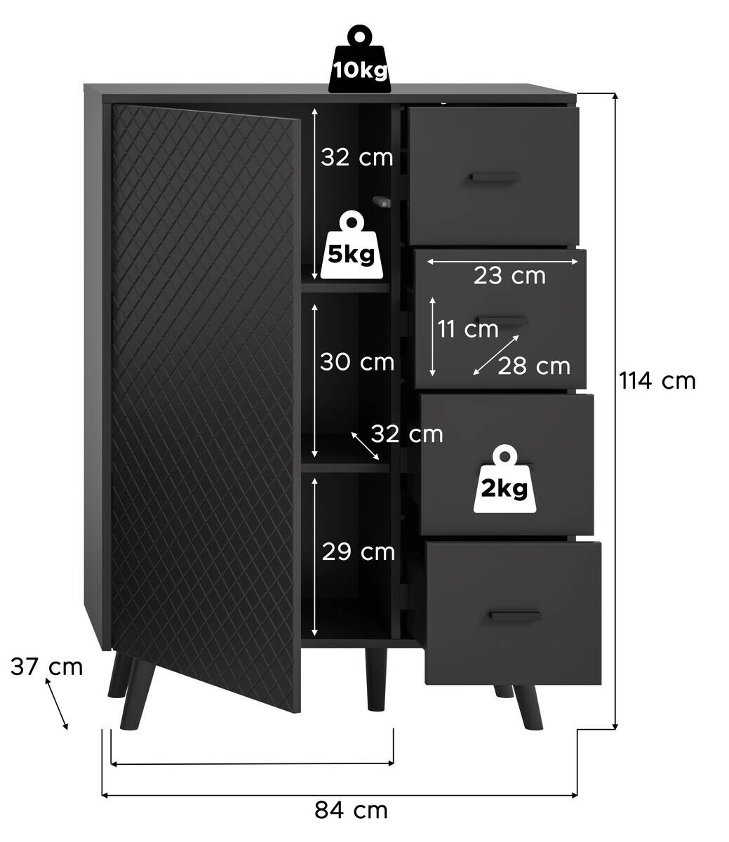 Kommode LINEA grau schwarz B/H/T: ca. 84x114x37 cm