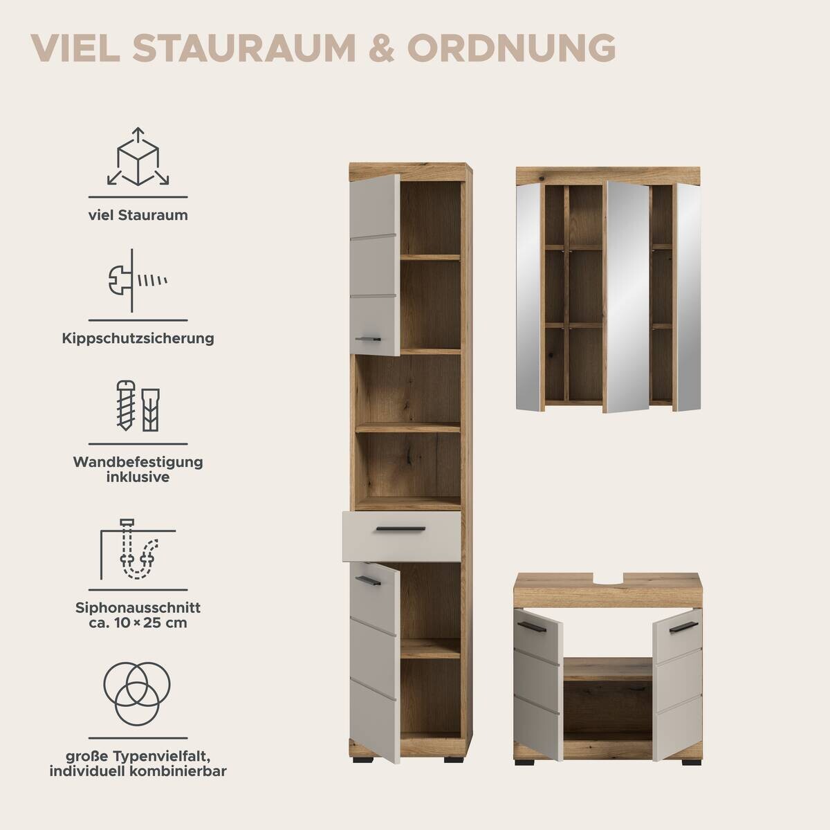 Badezimmer-Set Scout Evoke Oak Nachbildung Kaschmirgrau Nachbildung B/H/T: ca. 112x191x34 cm