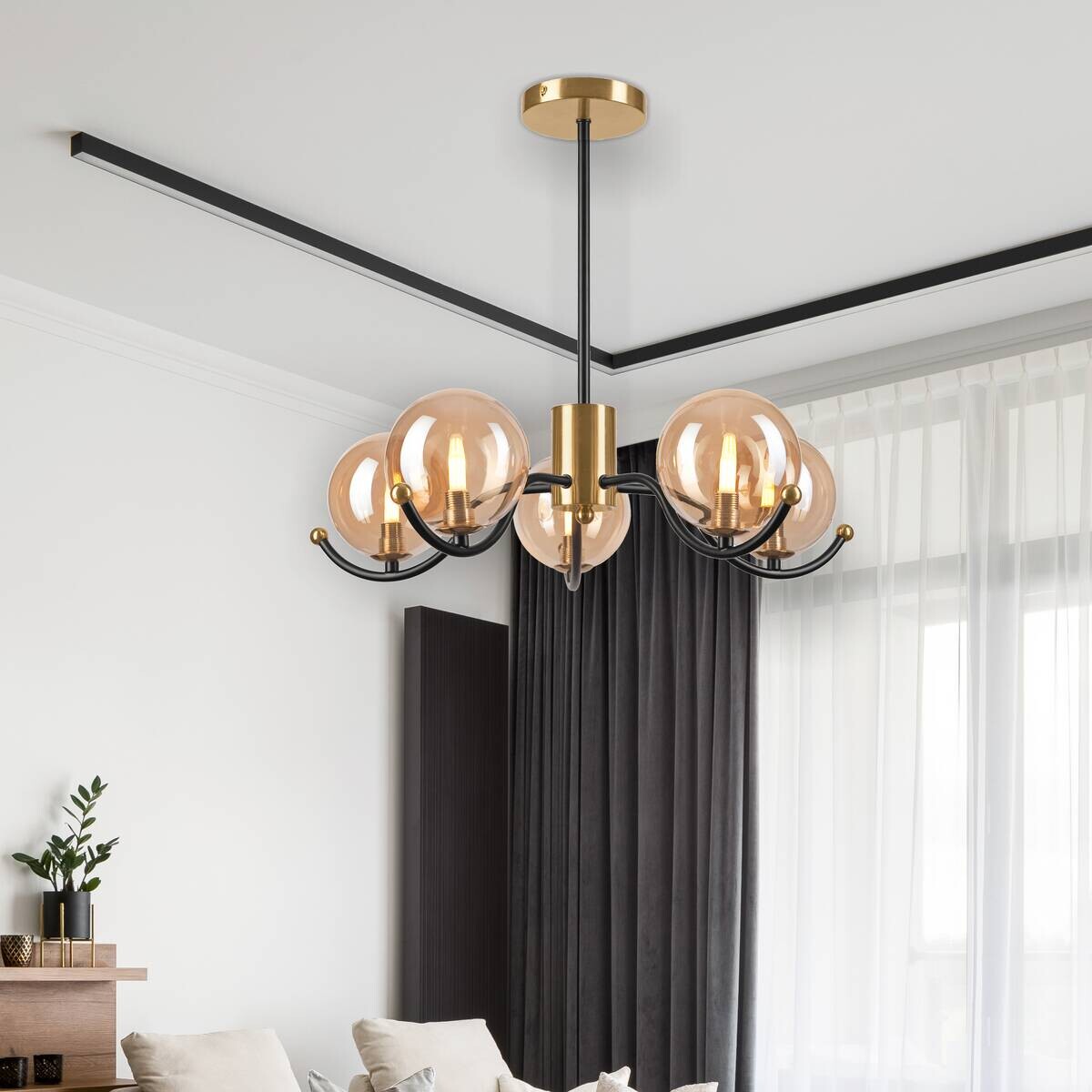 Lamkur Pendelleuchte GEORGIA 49281 schwarz gold Glas Stahl H/L: ca. 48,5x54 cm E27 5 Brennstellen