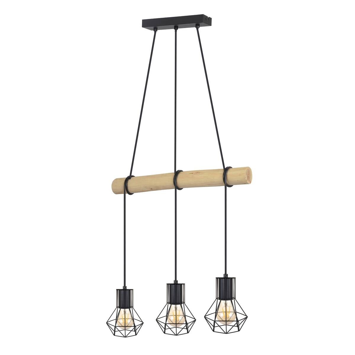 POCOline Pendelleuchte Minetta schwarz natur Metall Holz B/H/T: ca. 50x140x13 cm E27 3 Brennstellen