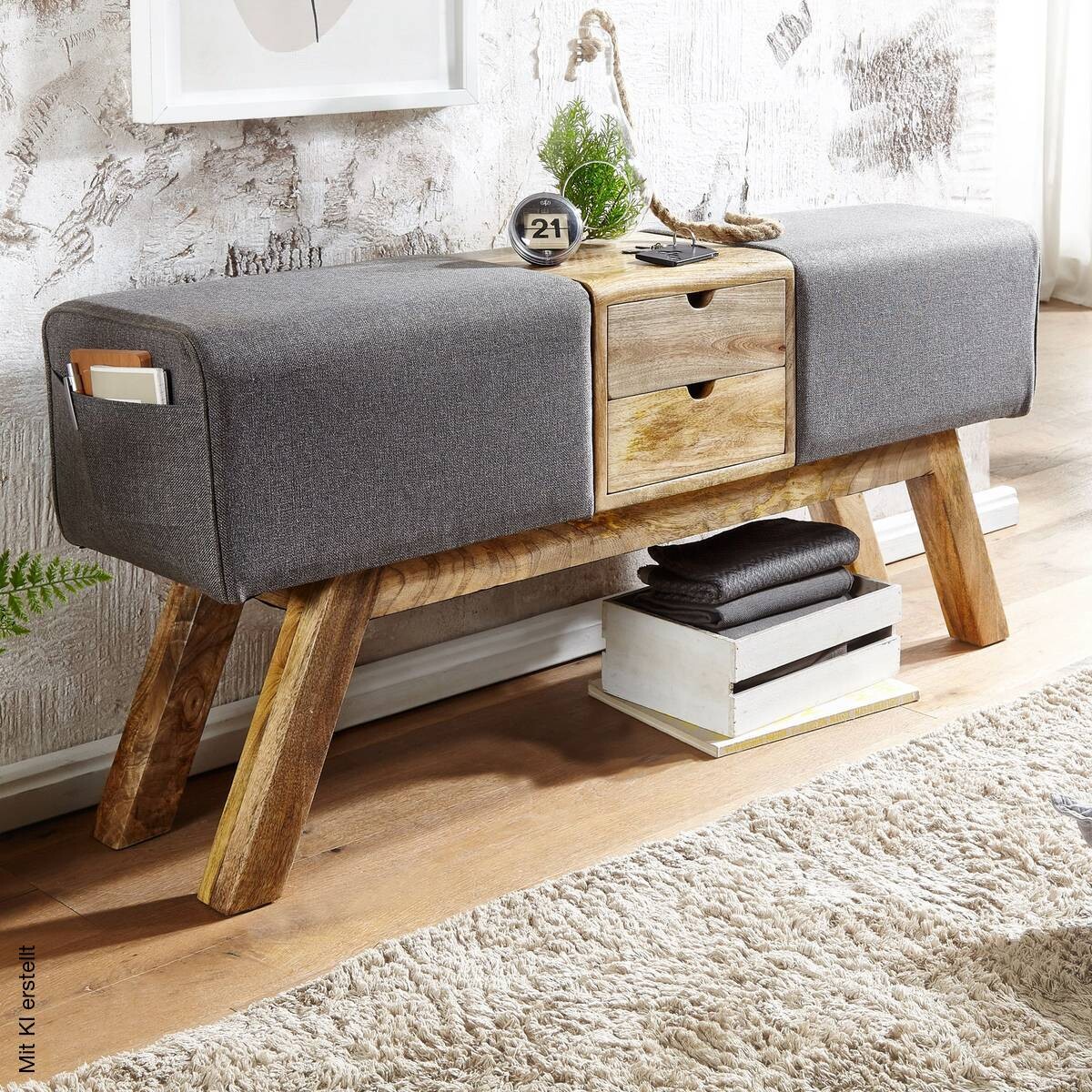 Wohnling Sitzbank grau natur Stoff Echtholz B/H/T: ca. 120x56x30 cm
