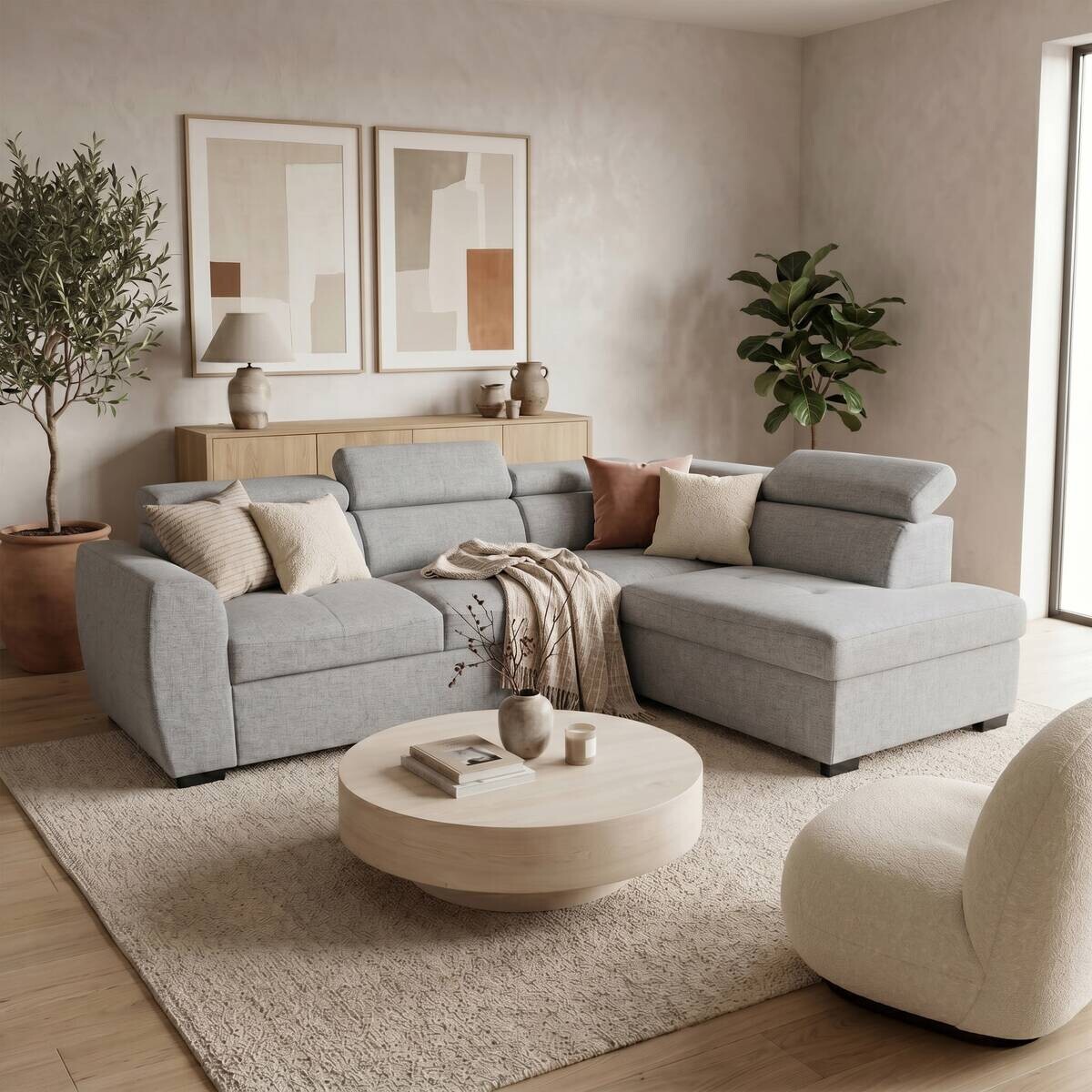 Ecksofa mit Bettfunktion und Bettkasten hellgrau Webstoff B/H/T: ca. 245x184x87 cm