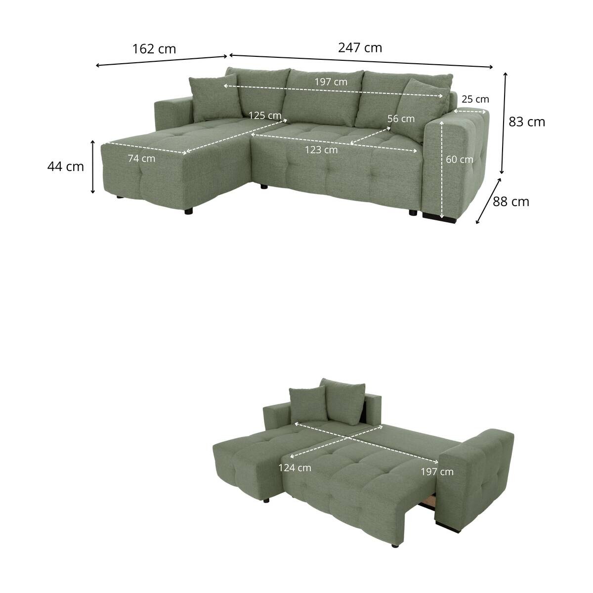 Ecksofa mit Bettfunktion und Bettkasten salbei Webstoff B/H/T: ca. 247x83x162 cm
