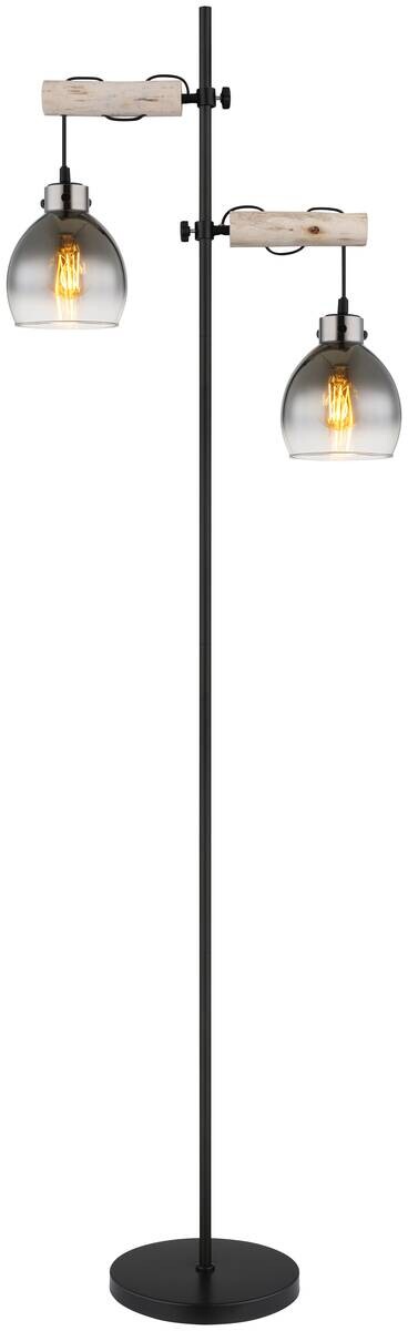 GLOBO Stehlampe Rauch natur schwarz Glas Holz Metall B/H/T: ca. 25x168x48 cm E27 2 Brennstellen
