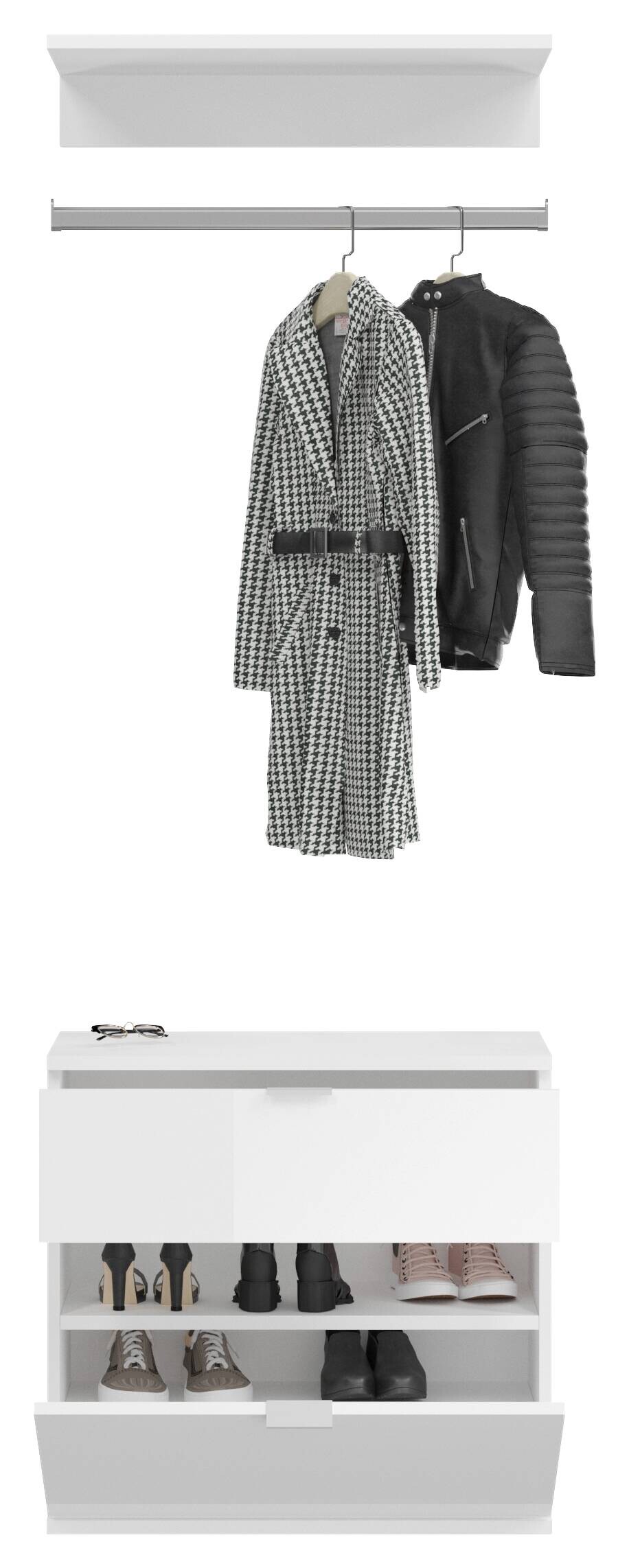 Garderobe PROJEKT Eiche Artisan Nachbildung weiß Hochglanz Spiegel B/H/T: ca. 183x193x34 cm