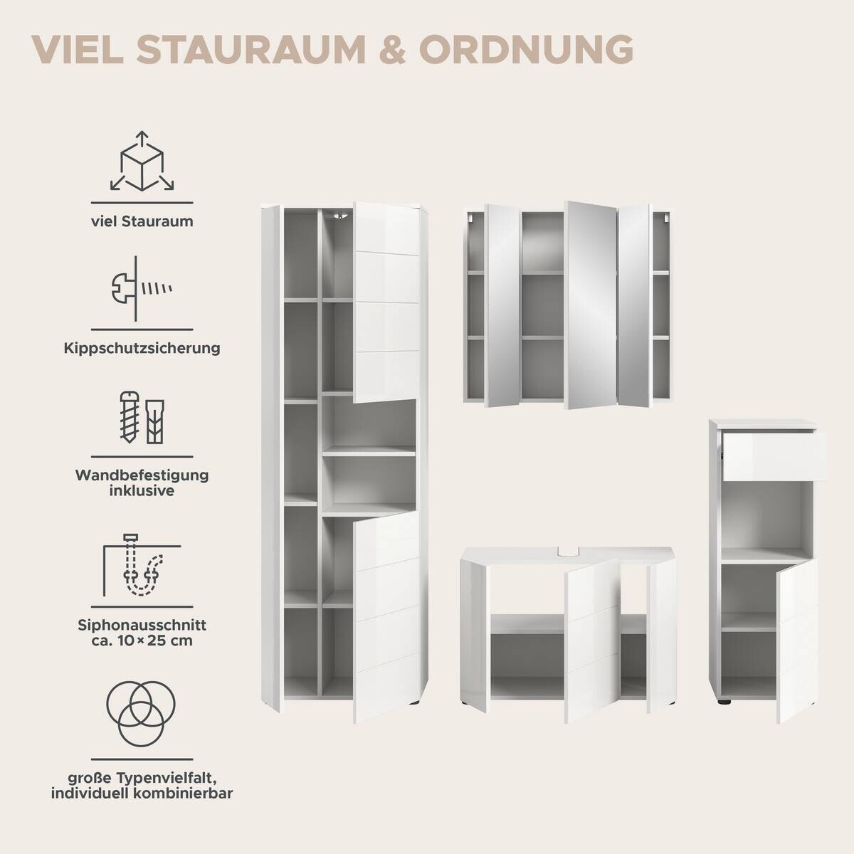Badezimmer-Set VIRA weiß weiß Hochglanz B/H/T: ca. 157x190x34 cm