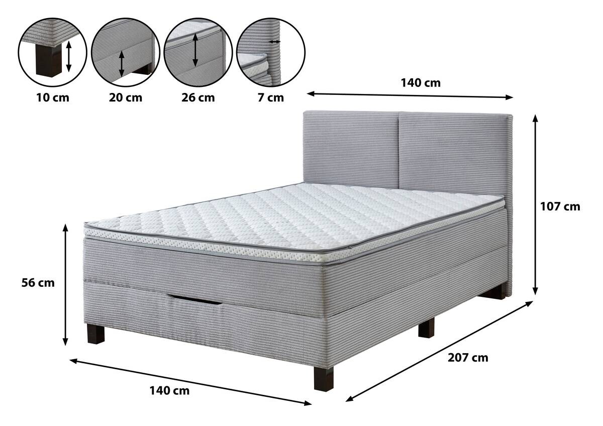 Boxspringbett Venedig inkl. integriertem Topper silber Liegefläche B/L: ca. 140x200 cm