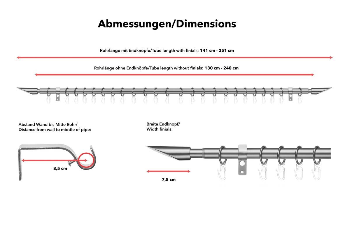 LICHTBLICK Gardinenstange Lipstick Edelstahloptik Metall D: ca. 2 cm ausziehbar von ca. 130 bis 240 cm 1.0 Läufe