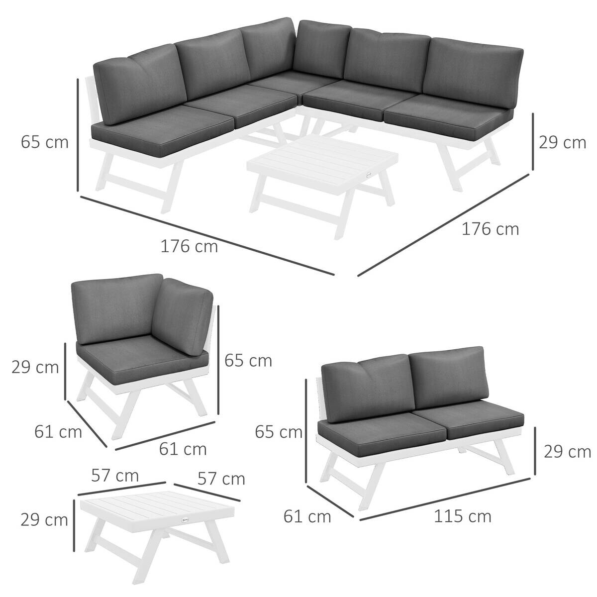 Outsunny Sitzgruppe grau Edelstahl B/H/L: ca. 61x115x65 cm