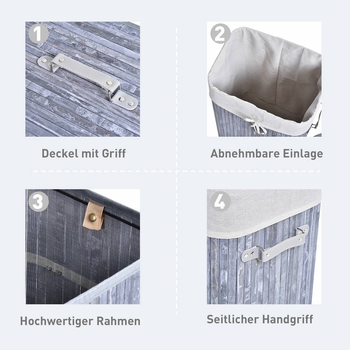 HOMCOM Wäschekorb mit 2 Tragegriffen grau Bambus Stoff Kunststoff B/H/L: ca. 30x60x40 cm