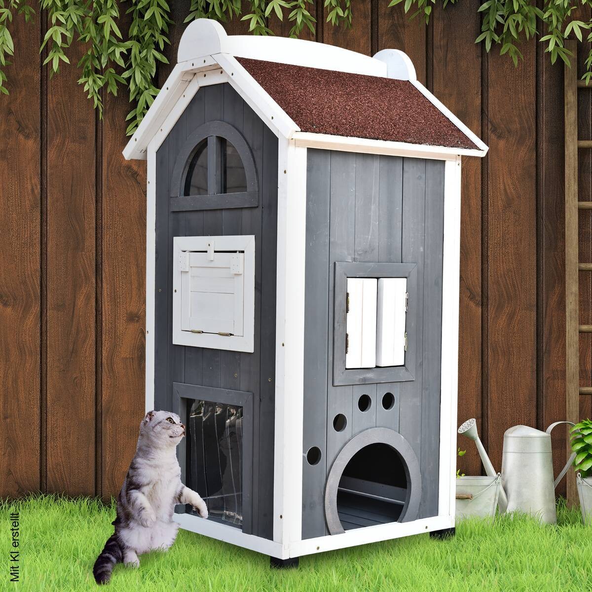 PawHut Katzenvilla grau Holz B/H/L: ca. 55x109x59 cm