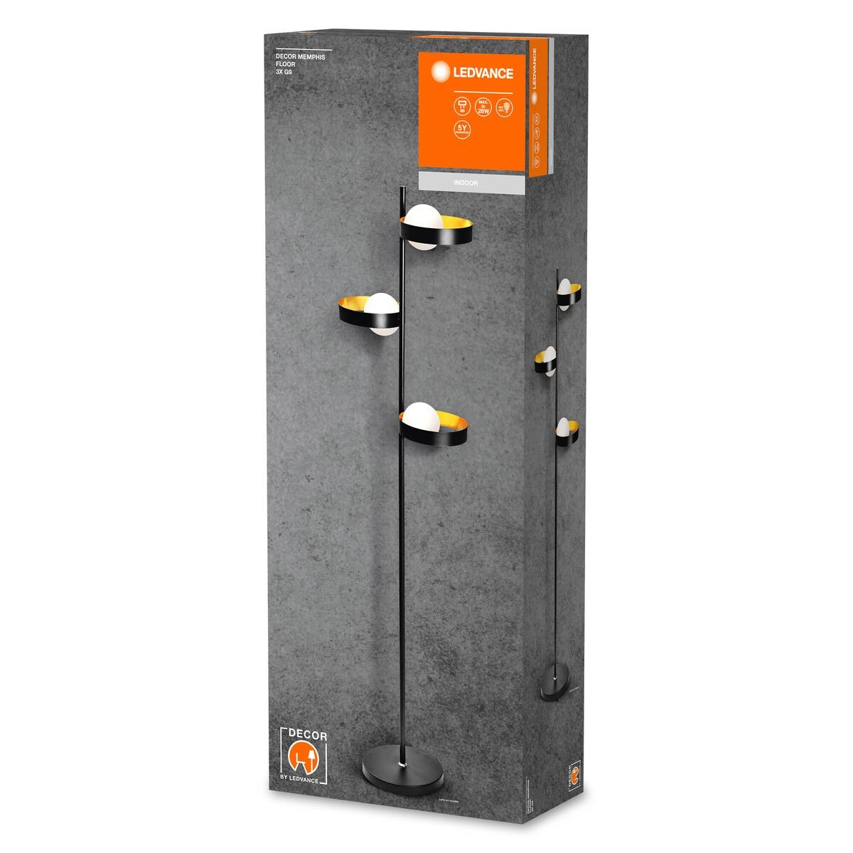 LEDVANCE Stehlampe Memphis schwarz gold weiß Metall Glas H/D: ca. 148x38,8 cm G9 3 Brennstellen