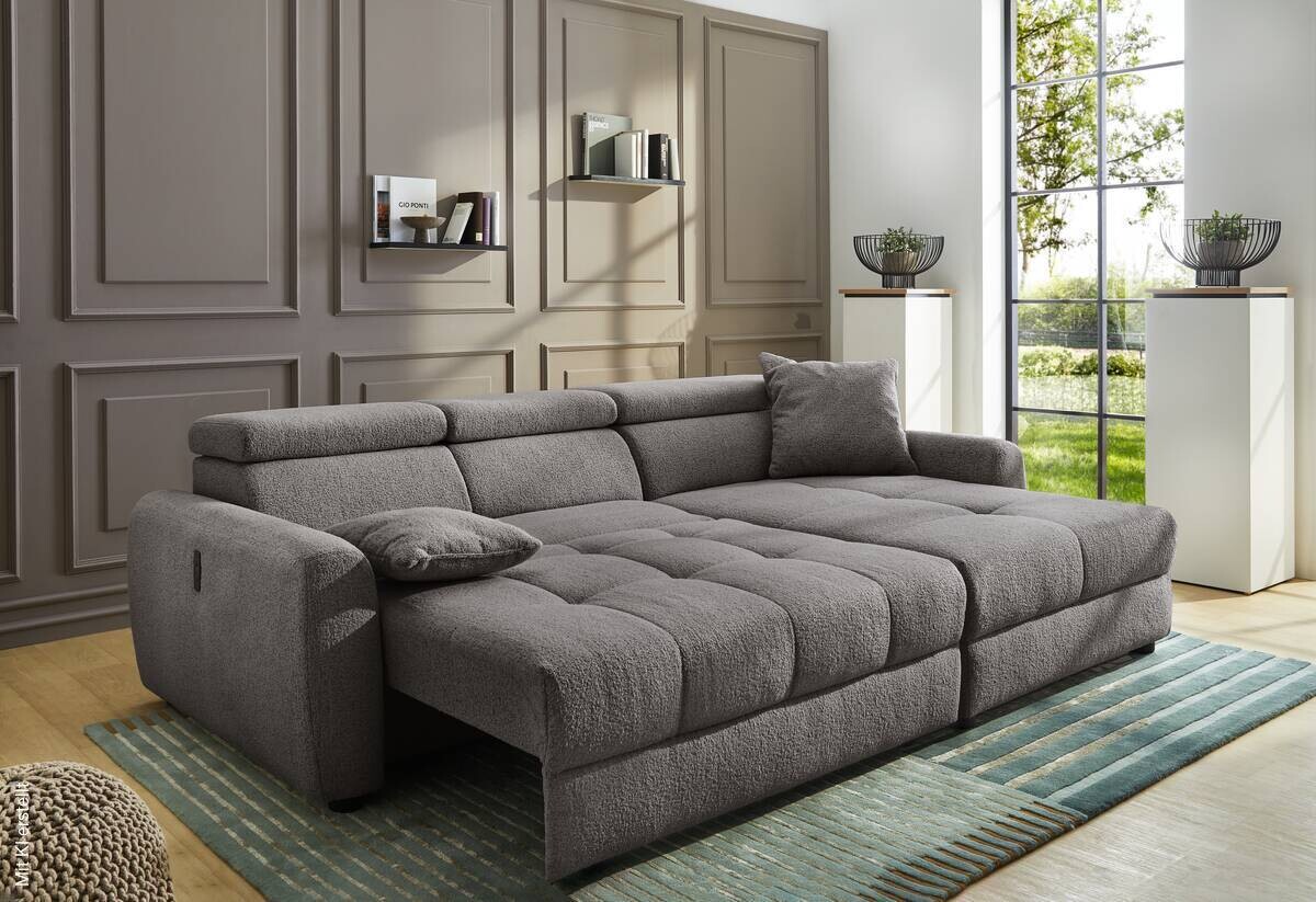 Ecksofa mit elektrischer XXL Sitztiefenverstellung grau Flachgewebe B/H/T: ca. 270x109x175 cm