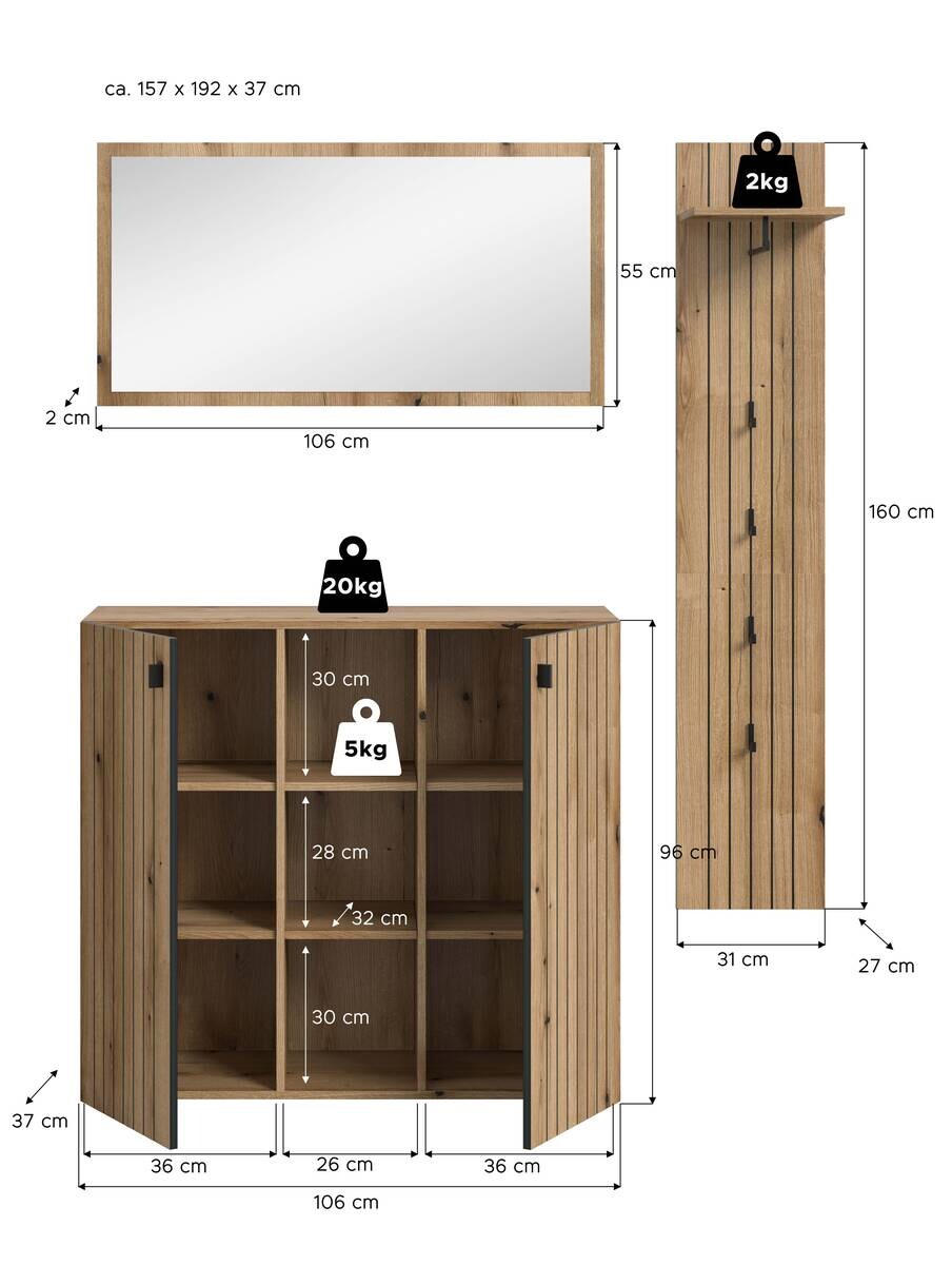 Garderobenset STATION Evoke Oak Nachbildung B/H/T: ca. 157x192x37 cm