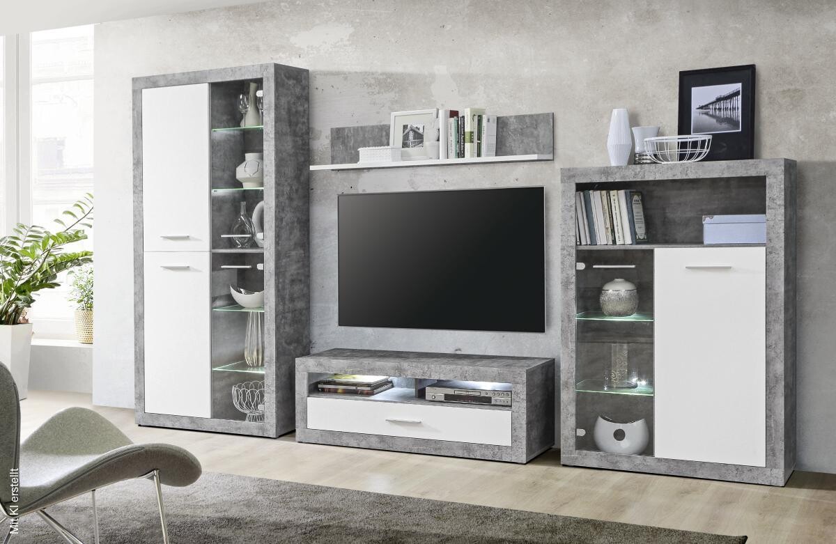 Wohnwand Beton Optik weiß B/H/T: ca. 308x194x41 cm