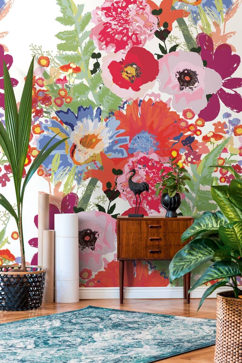 Livingwalls Fototapete Floral rot bunt weiß B/L: ca. 280x159 cm