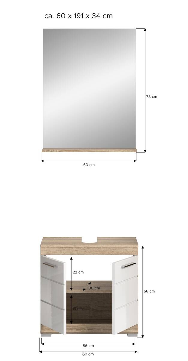 Badezimmer-Set Lambada Eiche Sonoma Nachbildung weiß Hochglanz B/H/T: ca. 60x191x34 cm