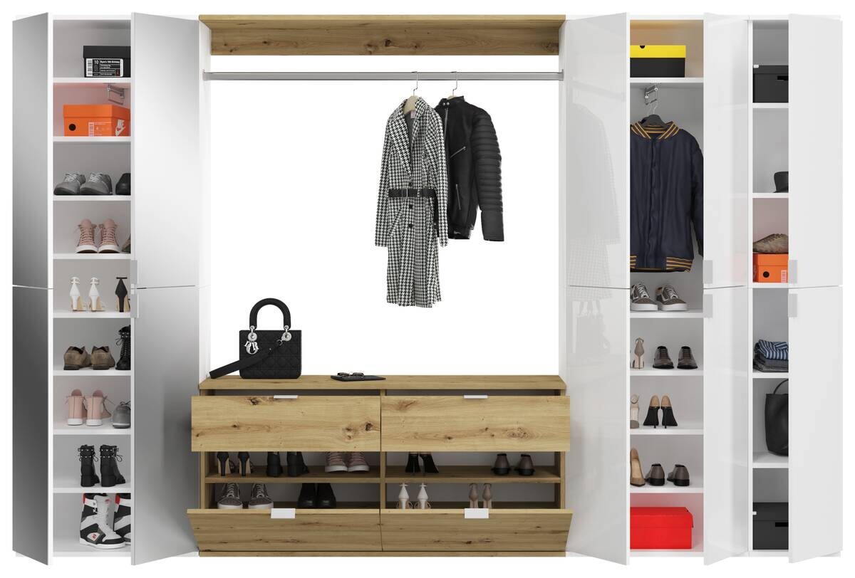 Garderobe PROJEKT Eiche Artisan Nachbildung weiß Hochglanz Spiegel B/H/T: ca. 273x193x34 cm