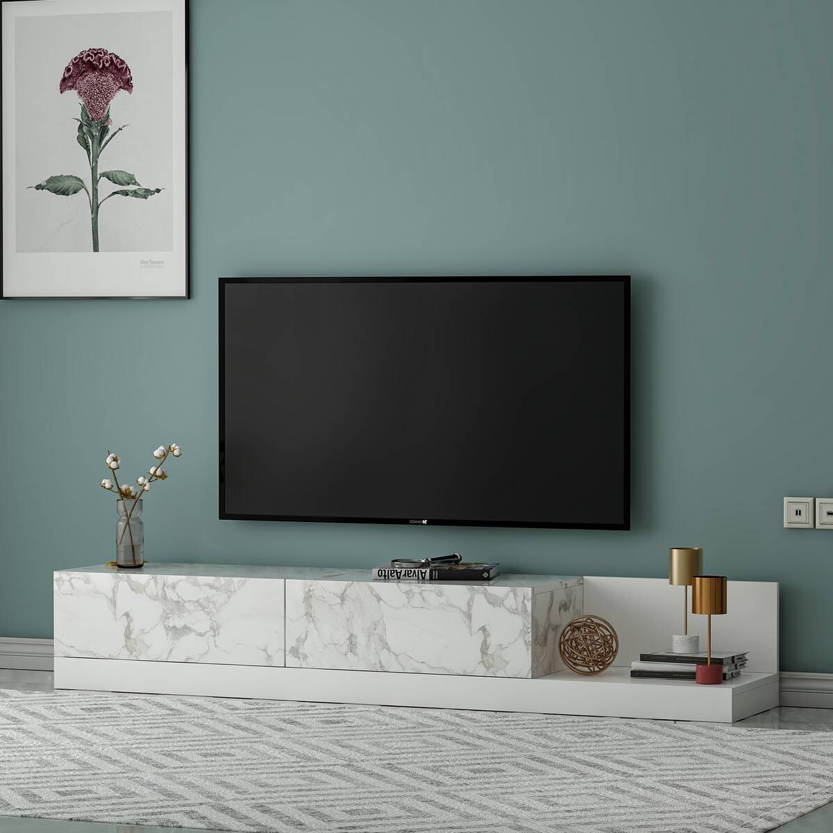 TV-Lowboard Majör weiß Marmoroptik B/H/T: ca. 180x30x37 cm