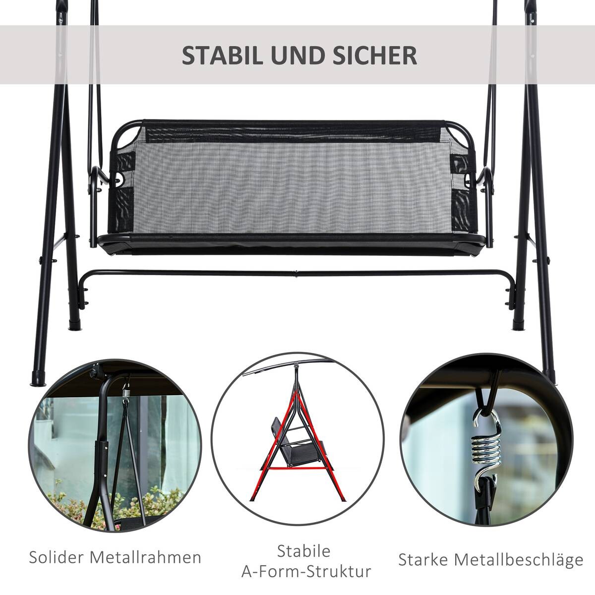 Outsunny Hollywoodschaukel schwarz Metall B/H/L: ca. 110x155x172 cm