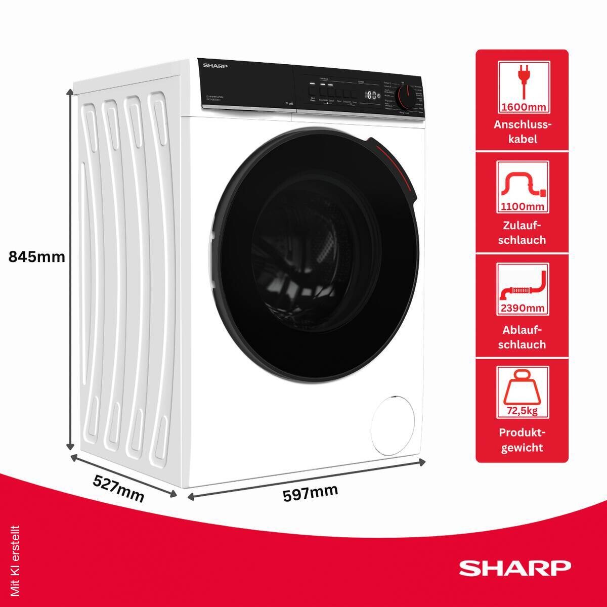 Sharp Waschmaschine ES-WNFB714CWDA-DE EEK: A Spektrum: A bis G 7kg 1400U/min weiß B/H/T: ca. 60x85x53 cm