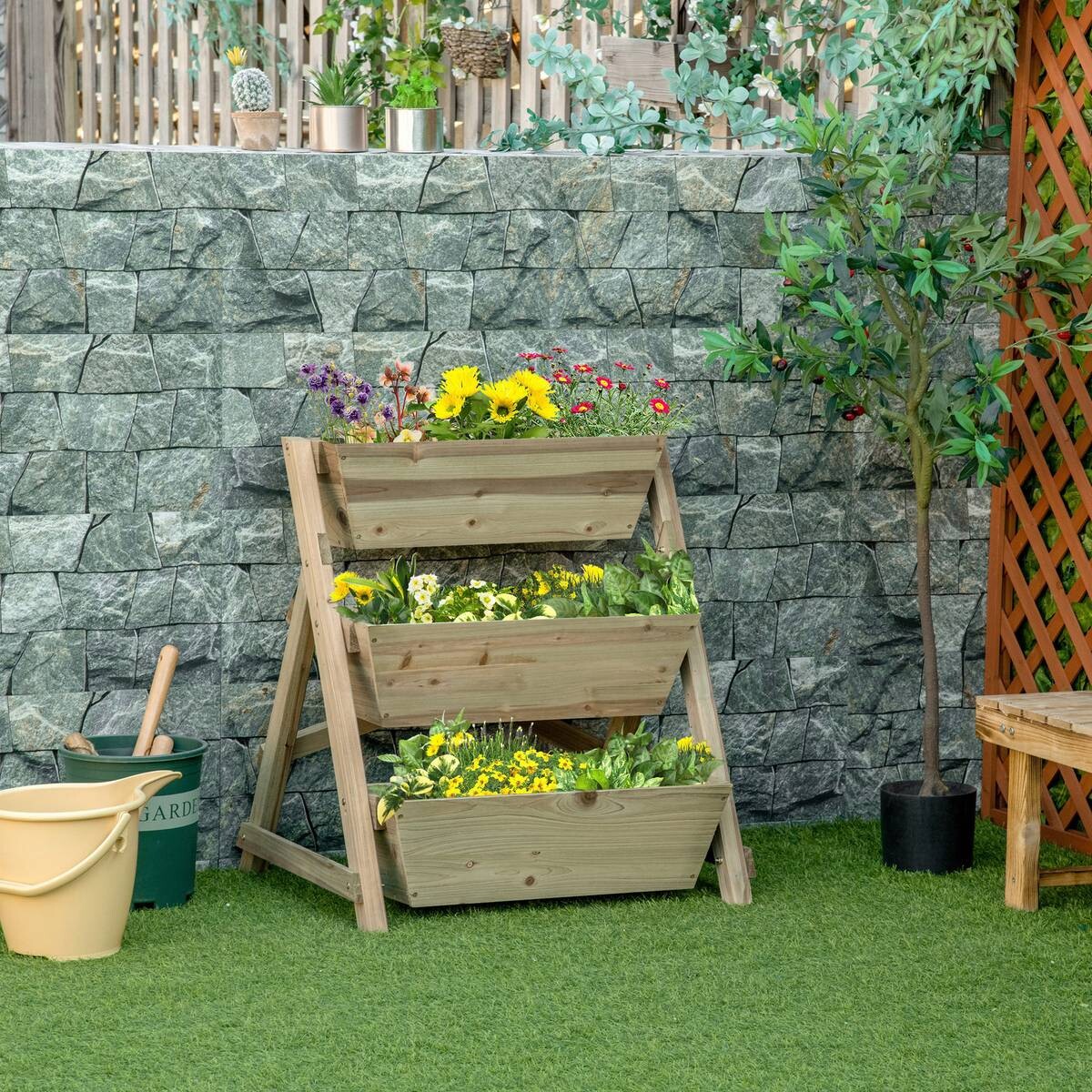 Outsunny Blumentreppe natur Holz B/H/L: ca. 61x77x71 cm