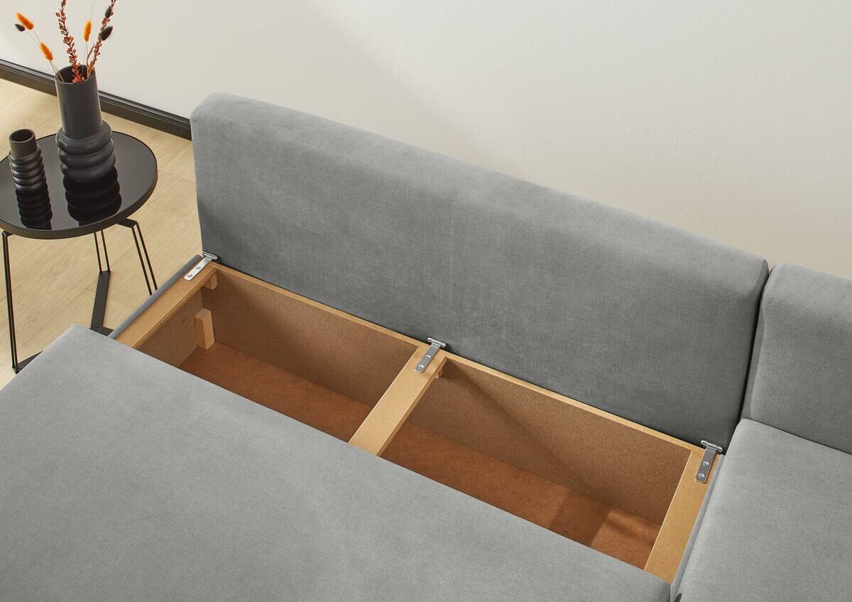 Ecksofa mit Bettfunktion und Bettkasten hellgrau Microfaser B/H/T: ca. 191x70x142 cm