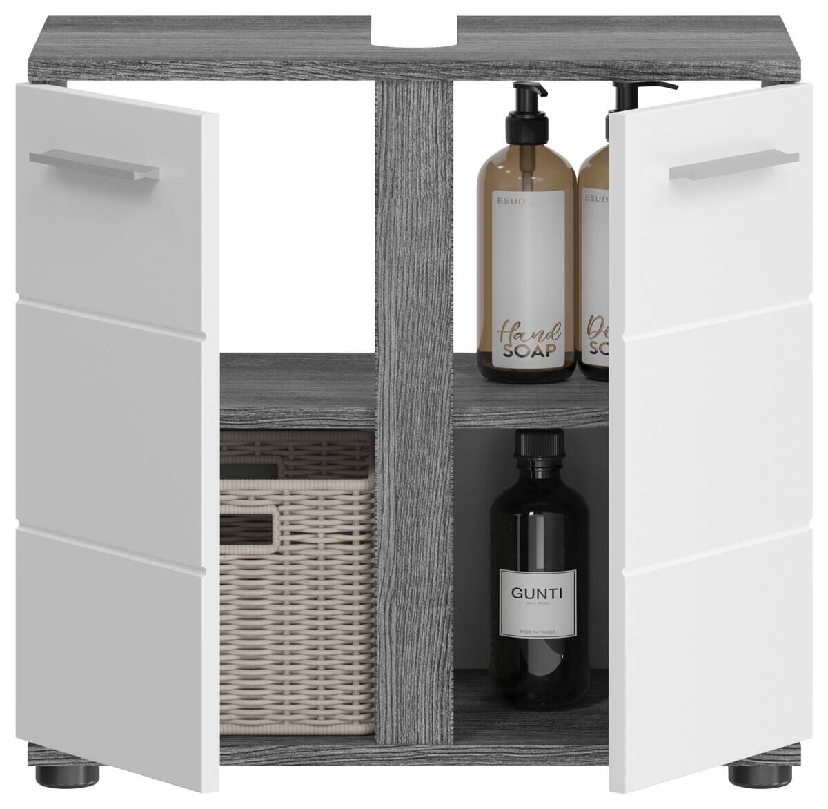 Waschbeckenunterschrank BLAKE Rauchsilber Nachbildung weiß Hochglanz B/H/T: ca. 60x57x34 cm