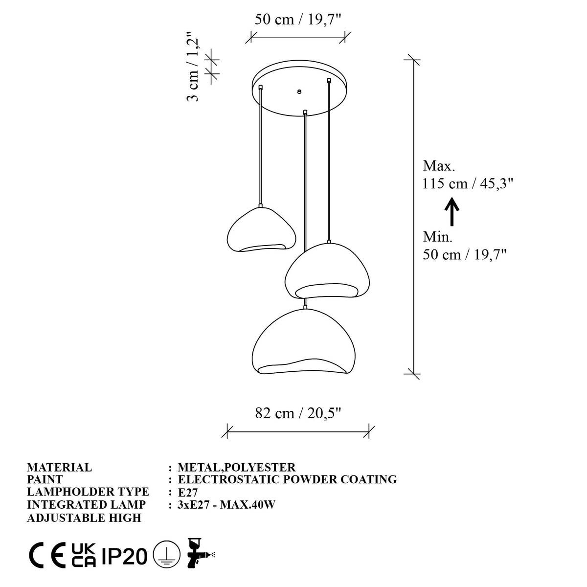 Opviq Pendelleuchte beige Metall Fiberglas B/H/T/L/D: ca. 82x115x82x82x82 cm E27 3 Brennstellen