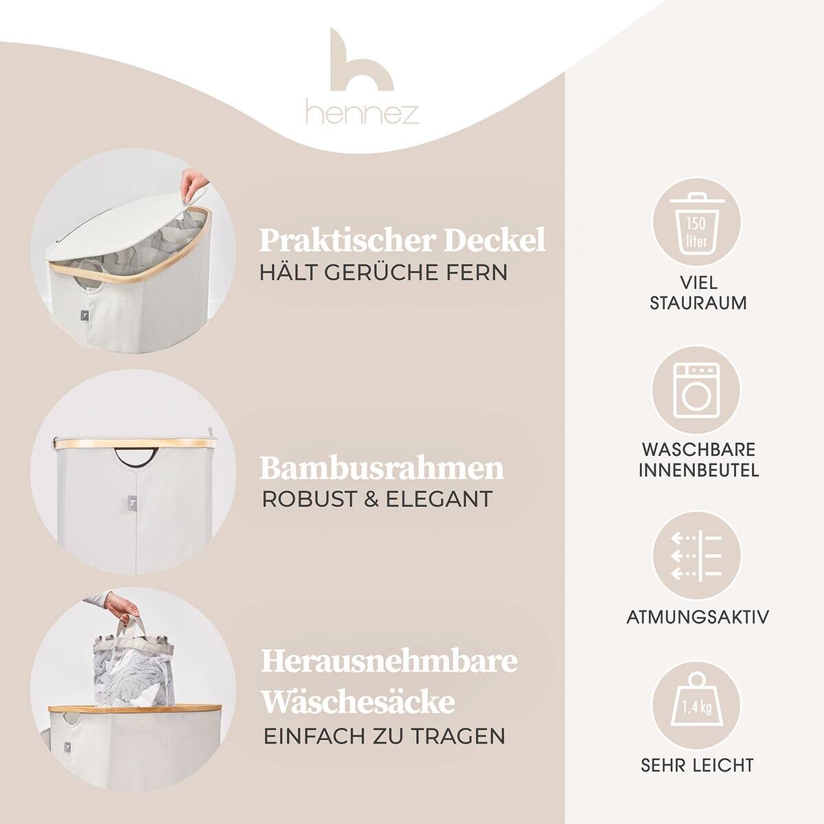 Wäschekorb beige Kunststoff B/H/L: ca. 36,5x67x61 cm