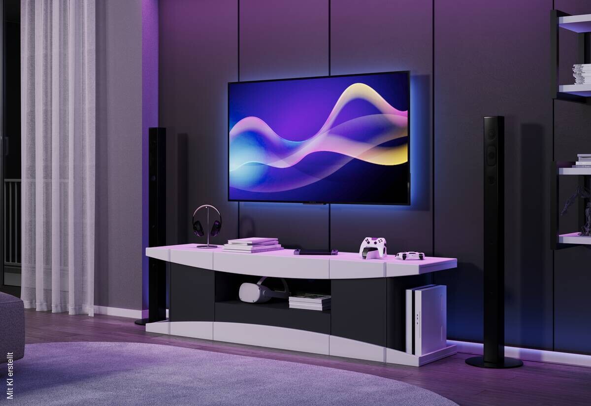 TV-Lowboard LevelUp Gaming weiß Lack matt schwarz Lack matt B/H/T: ca. 180x54x42 cm