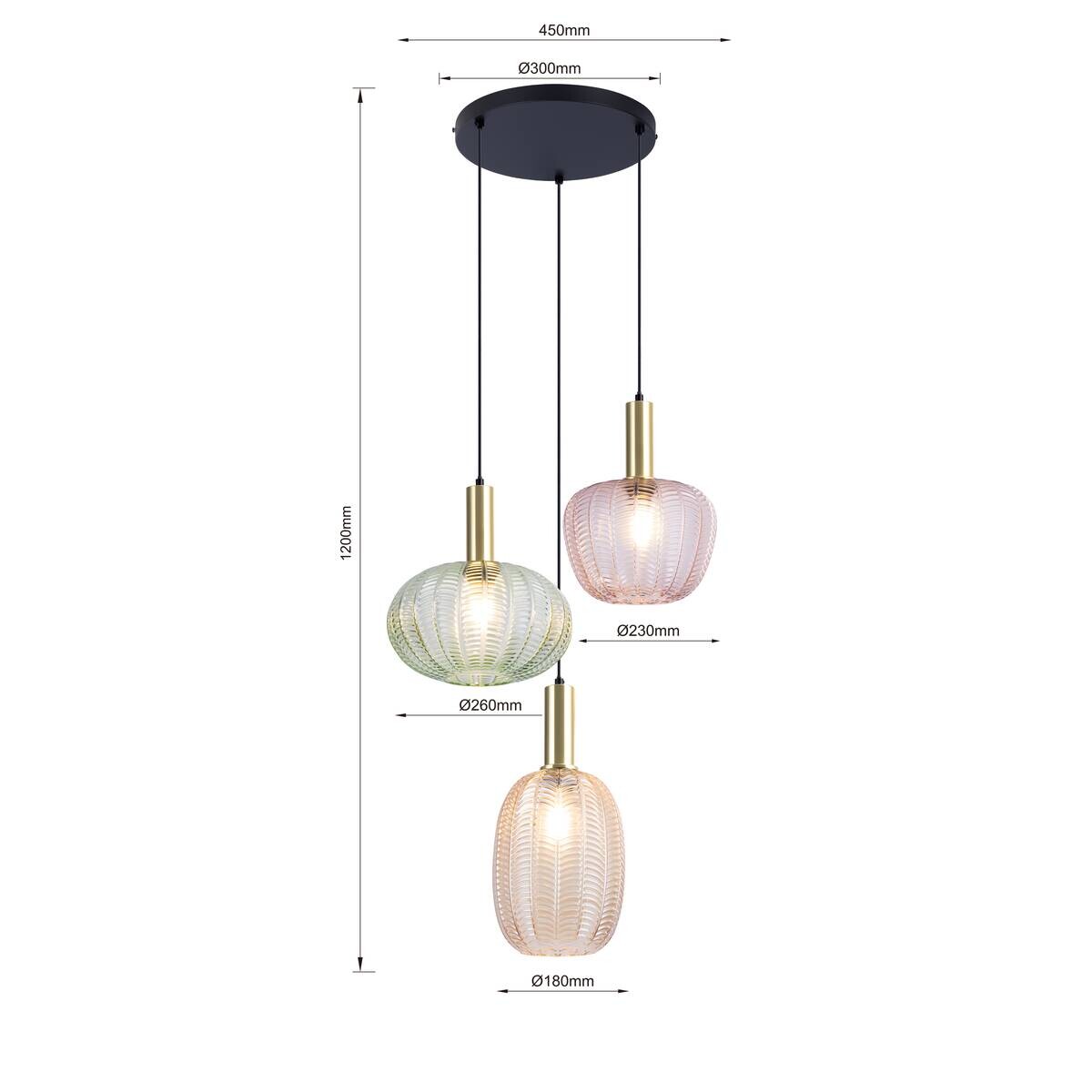 Pendelleuchte bunt Glas H/D: ca. 120x45 cm E27 3 Brennstellen