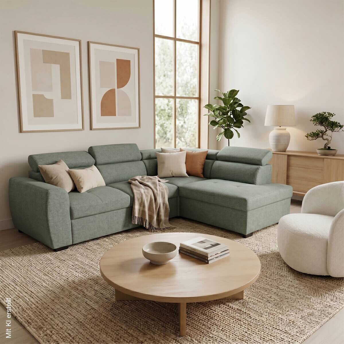 Ecksofa mit Bettfunktion und Bettkasten salbei Webstoff B/H/T: ca. 245x184x87 cm