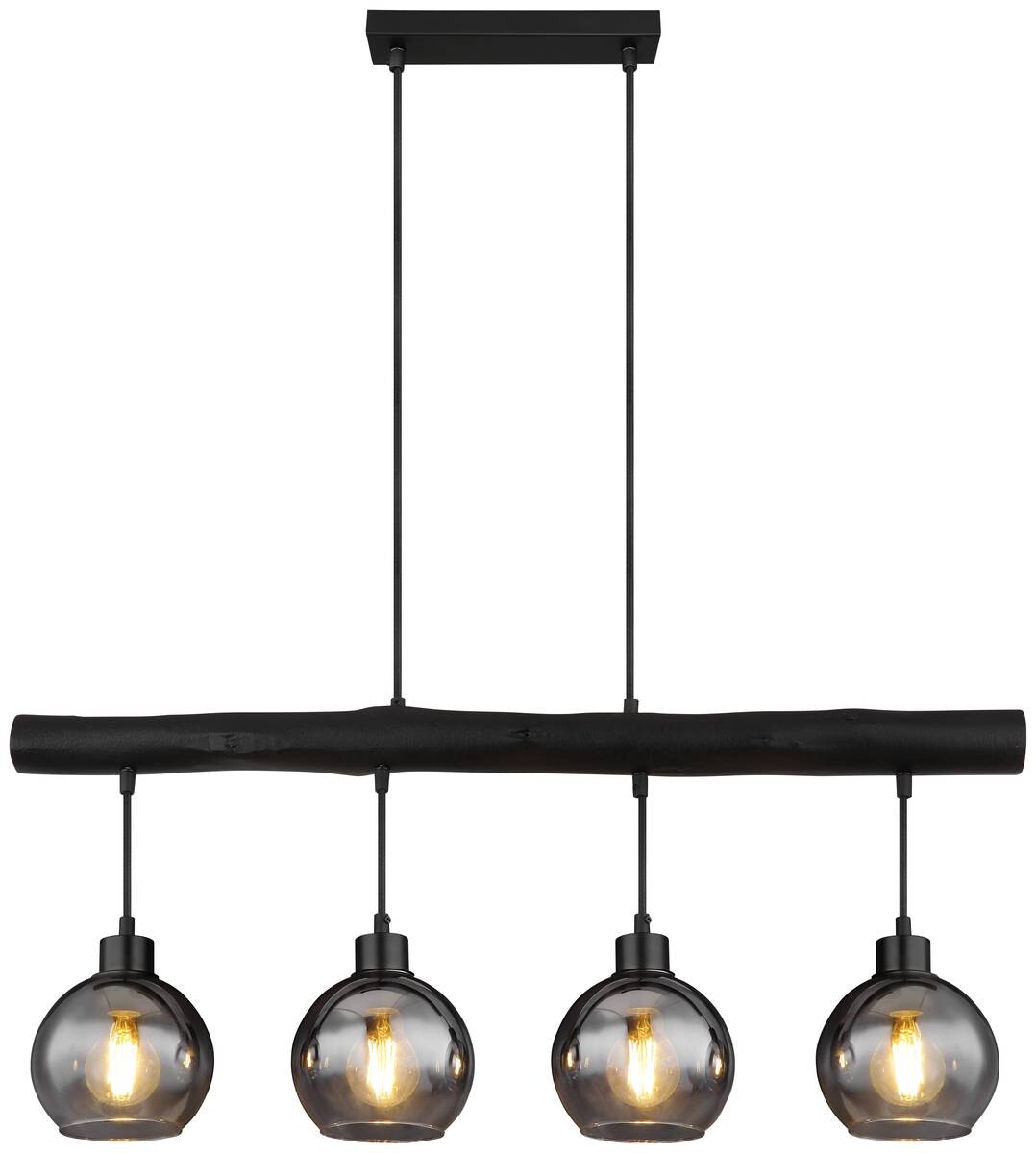 GLOBO Pendelleuchte 15656-4HB schwarz klar Rauch Metall Glas Holz B/H/L: ca. 15x120x85 cm E27 1 Brennstellen